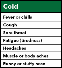 COLD symptoms are fever or feverish, chills, cough, sore throat, fatigue, headaches, muscle or body aches, runny or stuffy nose COLD symptoms are fever or feverish, chills, cough, sore throat, fatigue, headaches, muscle or body aches, runny or stuffy nose