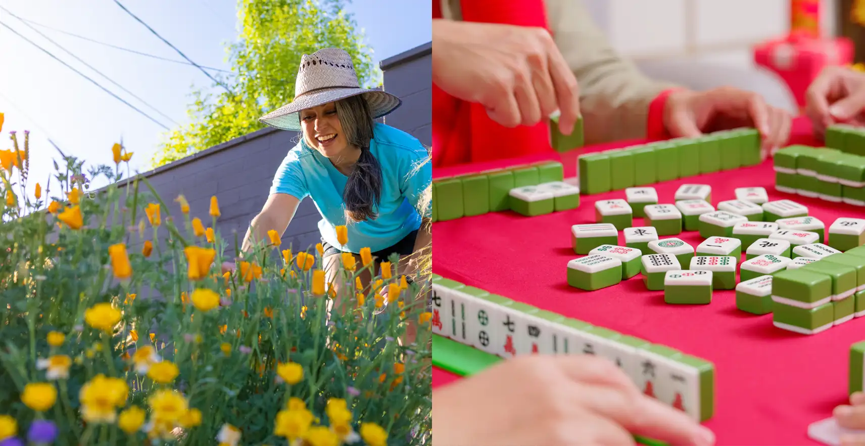 A woman planting flowers and a game of Mahjong being played 