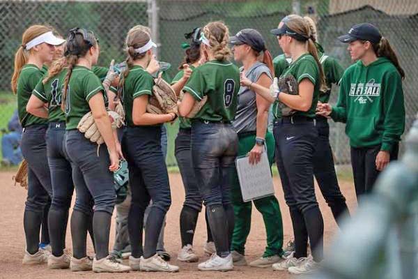 Image of the OCC softball team huddled together. 
